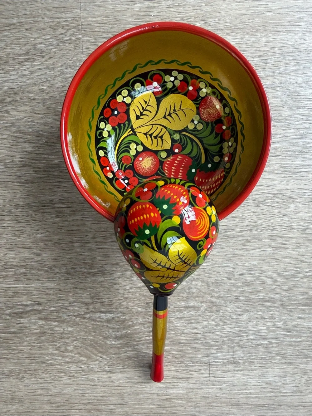 Russian Khokhloma Style Wooden Bowl & Spoon Set Folk Art Decor